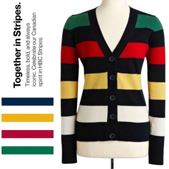 Hudson's Bay 100% Cashmere Multistripe HBC  Multicolor Cardigan Sweater Size M - Picture 1 of 7
